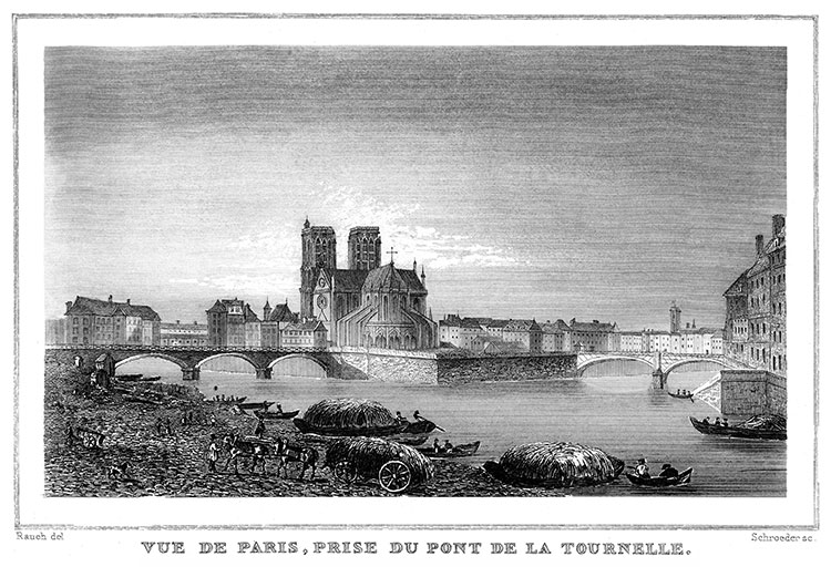Paris, vue prise du pont de la Tournelle vers 1835  - Gravure  de Rauch, reproduite puis restaurée par © Norbert Pousseur
