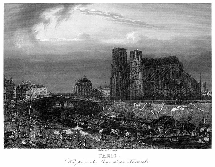 Paris, vue prise du pont de la Tournelle vers 1840  - Gravure  reproduite puis restaurée par © Norbert Pousseur