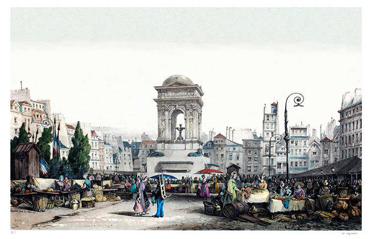 Paris - Le marché des Innocents en 1837 par William Wild - estmape couleur reproduite puis restaurée par © Norbert Pousseur