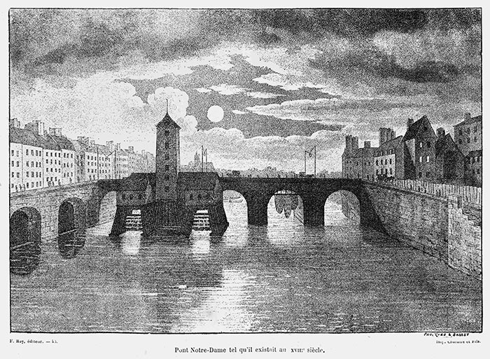 Pont Notre-Dame vers 1750 - Gravure  reproduite puis restaurée par © Norbert Pousseur