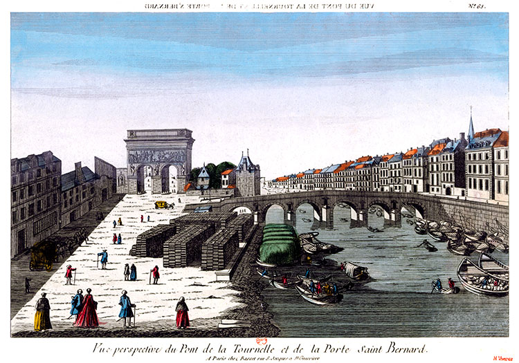 Paris - Pont de la Tournelle et de la Porte St Bernard, vers 1750 - Gravure numérisée et conservée  par la © BNF, restaurée par © Norbert Pousseur