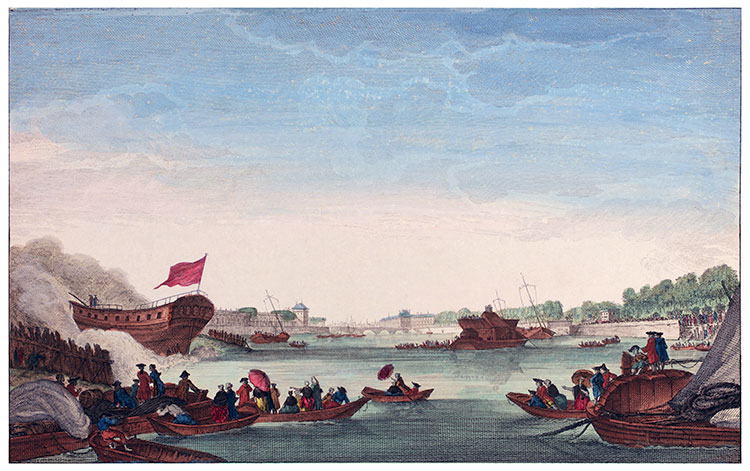 Lancement d'une frégate sur la Seine à Paris en 1761 - estampe reproduite et restaurée numériquement par © Norbert Pousseur