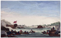 Zoom sur Lancement d'une frégate sur la Seine à Paris en 1761 - estampe reproduite et restaurée numériquement par © Norbert Pousseur