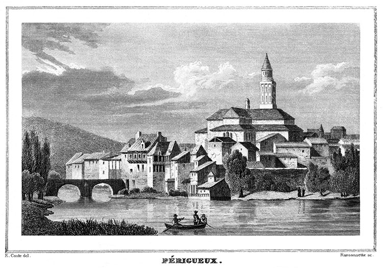 Périgueux et son pont sur l'Isle vers 1830  - gravure reproduite et restaurée numériquement par © Norbert Pousseur