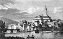 Zoom sur Périgueux et son pont sur l'Isle vers 1830  - gravure reproduite et restaurée numériquement par © Norbert Pousseur