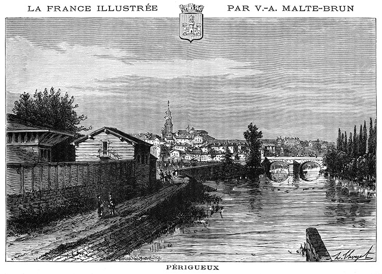 Périgueux et les bords de l'Isle vers 1880,  - gravure reproduite et restaurée numériquement par © Norbert Pousseur