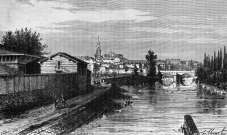 Zoom sur Périgueux et les bords de l'Isle vers 1880,  - gravure reproduite et restaurée numériquement par © Norbert Pousseur