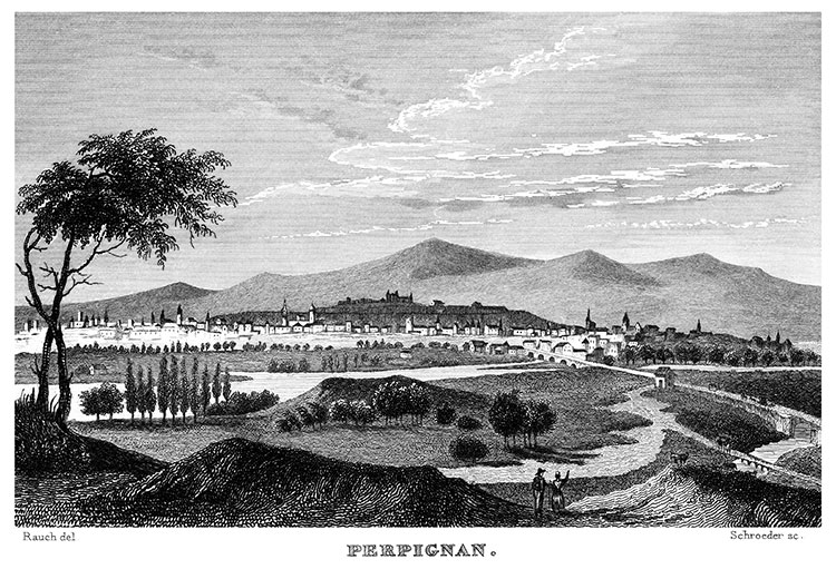 Vue d'ensemble de Perpignan vers 1830 - gravure reproduite et restaurée numériquement par © Norbert Pousseur
