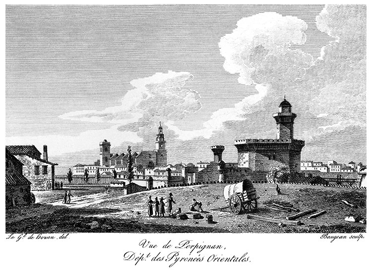 Perpignan et ses monuments principaux vers 1820 - gravure reproduite et restaurée numériquement par © Norbert Pousseur Perpignan et ses monuments principaux vers 1820 - gravure reproduite et restaurée numériquement par © Norbert Pousseur