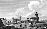 Zoom sur Perpignan et ses monuments principaux vers 1820 - gravure reproduite et restaurée numériquement par © Norbert Pousseur