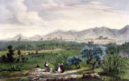 Zoom sur La plaine devant Perpignan vers 1850 - gravure reproduite et numérisée par la ©BNF puis retraillée numériquement par © Norbert Pousseur