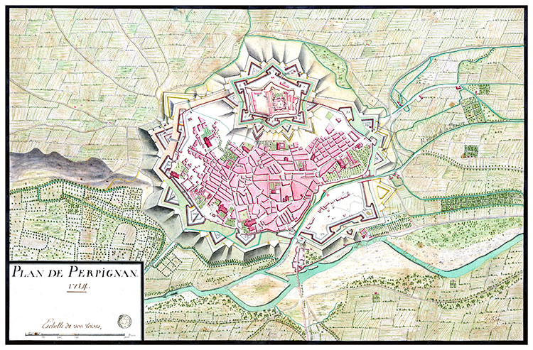 Plan de Perpignan en 1714 - gravure reproduite et numérisée par la ©BNF puis retraillée numériquement par © Norbert Pousseur Plan de Perpignan en 1714 - gravure reproduite et numérisée par la ©BNF puis retraillée numériquement par © Norbert Pousseur