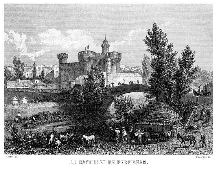 Le Castillet et son pont d'accès à Perpignan vers 1855 - gravure reproduite et restaurée numériquement par © Norbert Pousseur Le Castillet et son pont d'accès à Perpignan vers 1855 - gravure reproduite et restaurée numériquement par © Norbert Pousseur