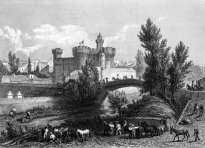 Zoom sur Le Castillet et son pont d'accès à Perpignan vers 1855 - gravure reproduite et restaurée numériquement par © Norbert Pousseur