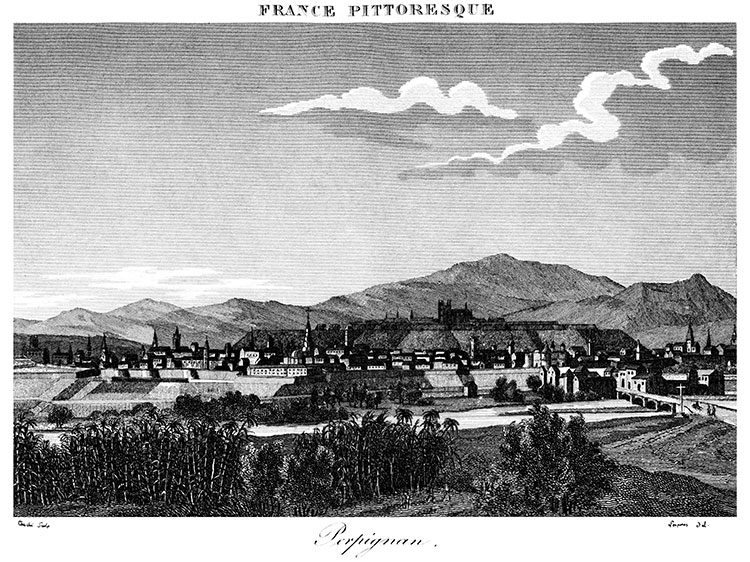 Perpignan vu depuis la plaine vers 1830 - gravure reproduite et restaurée numériquement par © Norbert Pousseur Perpignan vu depuis la plaine vers 1830 - gravure reproduite et restaurée numériquement par © Norbert Pousseur