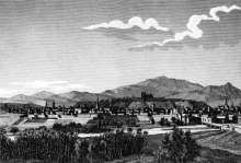Zoom sur Perpignan vu depuis la plaine vers 1830 - gravure reproduite et restaurée numériquement par © Norbert Pousseur