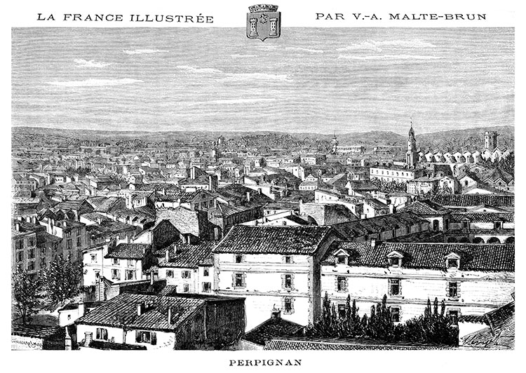 Le centre de Perpignan vers 1870 - gravure reproduite et restaurée numériquement par © Norbert Pousseur Le centre de Perpignan vers 1870 - gravure reproduite et restaurée numériquement par © Norbert Pousseur
