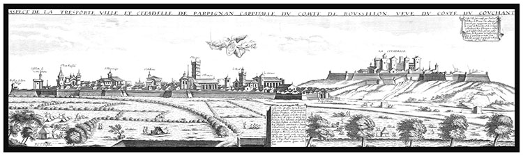 Vue panoramique de Perpignan vers 1650- gravure reproduite et numérisée par la ©BNF puis retraillée numériquement par © Norbert Pousseur Vue panoramique de Perpignan vers 1650- gravure reproduite et numérisée par la ©BNF puis retraillée numériquement par © Norbert Pousseur