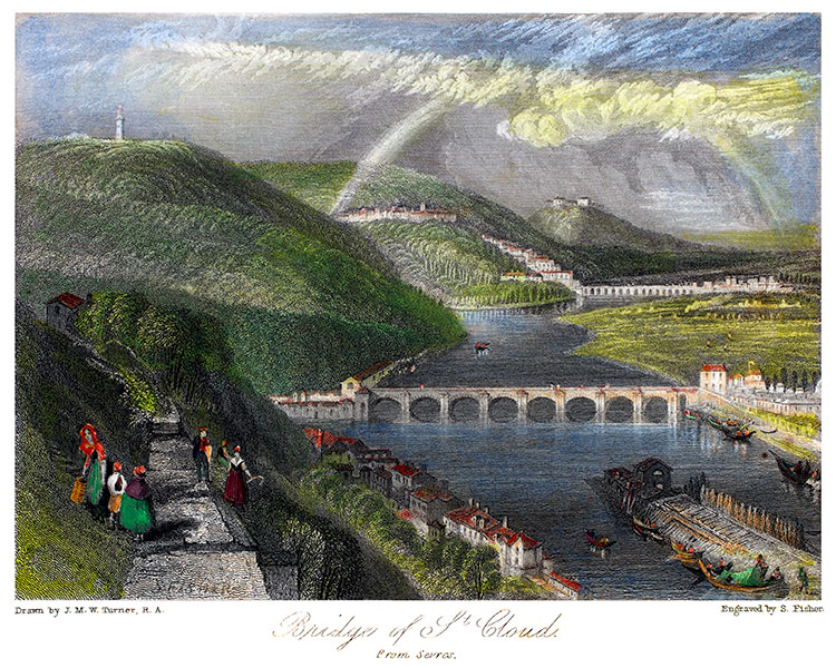 Le pont de St Cloud depuis Sèvres vers 1850 - gravure reproduite et restaurée numériquement par © Norbert Pousseur