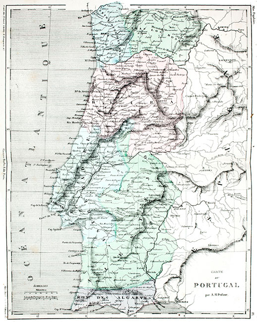 Mapa de Portugal por volta de 1850 - reprodução e correcções digitais por © Norbert Pousseur