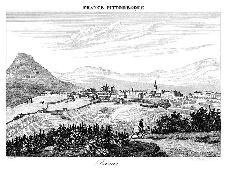 Privas dans ses collines vers 1830 - gravure reproduite et restaurée numériquement par © Norbert Pousseur