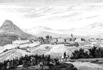 Zoom sur Privas dans ses collines vers 1830 - gravure reproduite et restaurée numériquement par © Norbert Pousseur