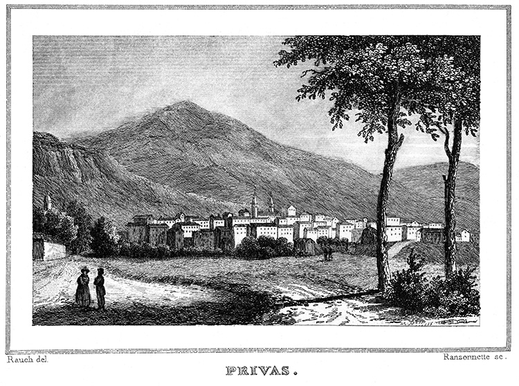 Entrée de Privas en  1835 - gravure reproduite et restaurée numériquement par © Norbert Pousseur