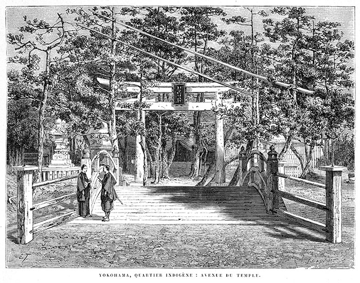 Avenue du Temple à Yokohama vers 1870 - gravure reproduite et restaurée numériquement par © Norbert Pousseur