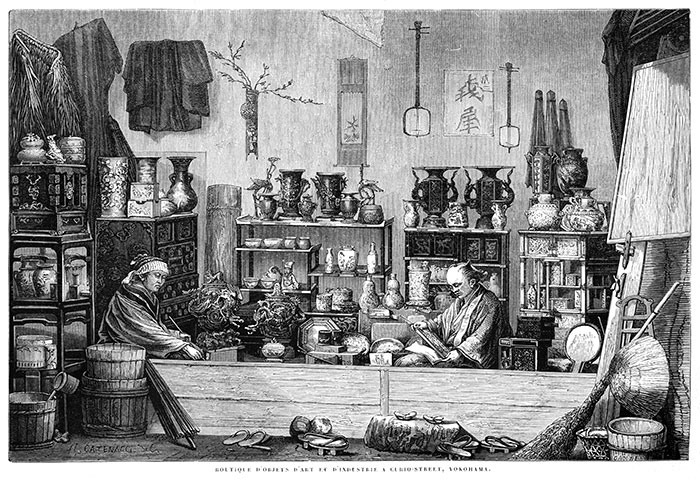 Boutique d'objets d'art et d'industrie à Yokohama vers 1870 - gravure reproduite et restaurée numériquement par © Norbert Pousseur