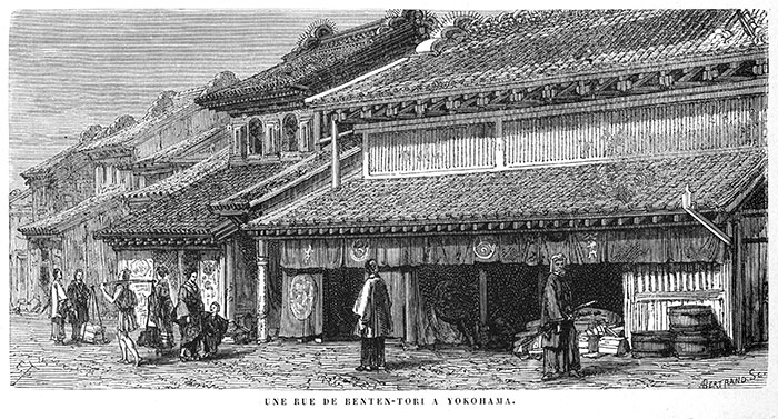 Rue de Benten-Tori à Yokohama vers 1870 - gravure reproduite et restaurée numériquement par © Norbert Pousseur