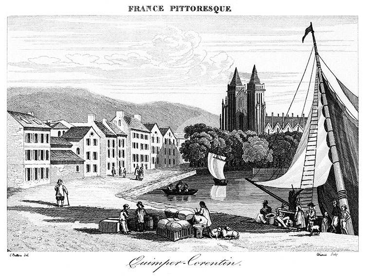 Les quais de Quimper vers 1830 - gravure reproduite et retouchée numériquement par © Norbert Pousseur