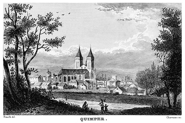 Quimper, vue générale vers 1835 - gravure reproduite et retouchée numériquement par © Norbert Pousseur