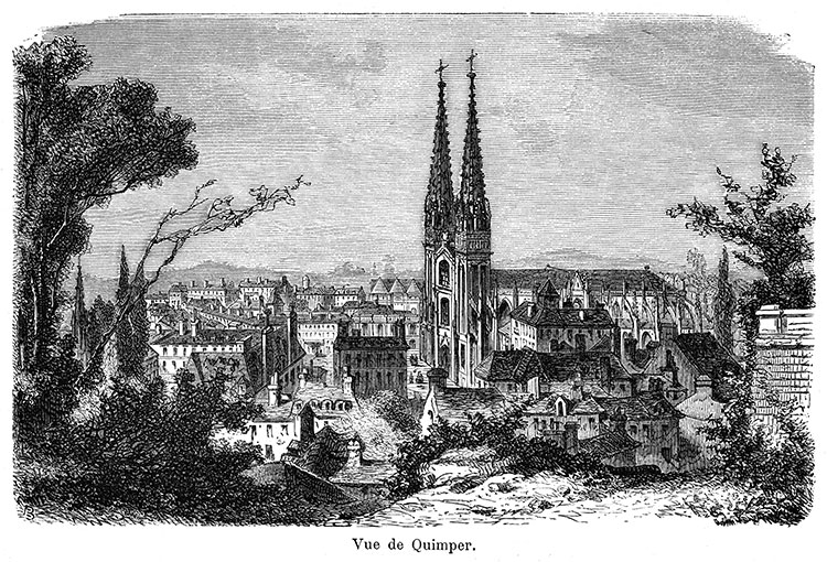 Les toits de Quimper vers 1875 - gravure reproduite et retouchée numériquement par © Norbert Pousseur