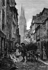 Zoom pour Une rue de Quimper vers 1880 - gravure reproduite et retouchée numériquement par © Norbert Pousseur