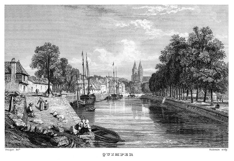 Quimper le long de l'Odet  vers 1860 - gravure de Jérôme Potel, reproduite et retouchée numériquement par © Norbert Pousseur