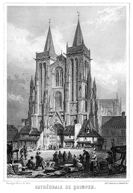 La cathédrale de Quimper vers 1850,  - gravure reproduite et restaurée numériquement par © Norbert Pousseur