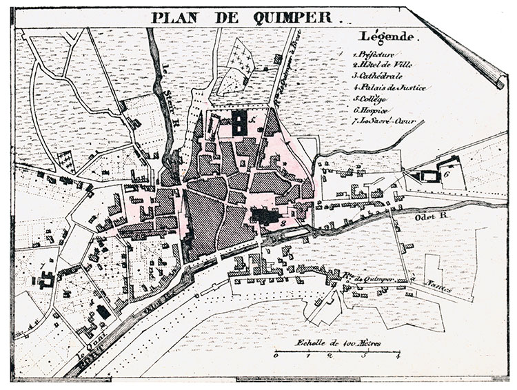 Plan de Quimper vers 1850 - gravure reproduite et restaurée numériquement par © Norbert Pousseur