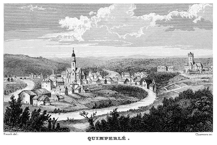 Quimperlé, vue générale vers 1835 - gravure reproduite et restaurée numériquement par © Norbert Pousseur