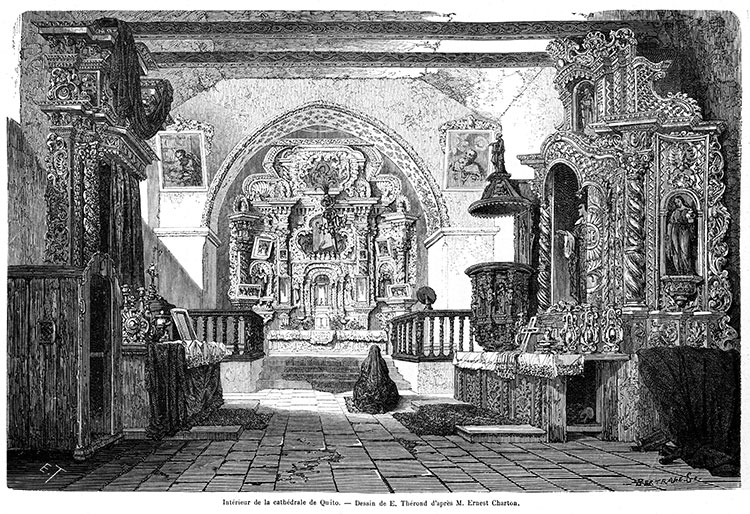 Interior de la Catedral de Quito hacia 1860 - grabado reproducido y restaurado digitalmente por © Norbert Pousseur Interior de la Catedral de Quito hacia 1860 - grabado reproducido y restaurado digitalmente por © Norbert Pousseur