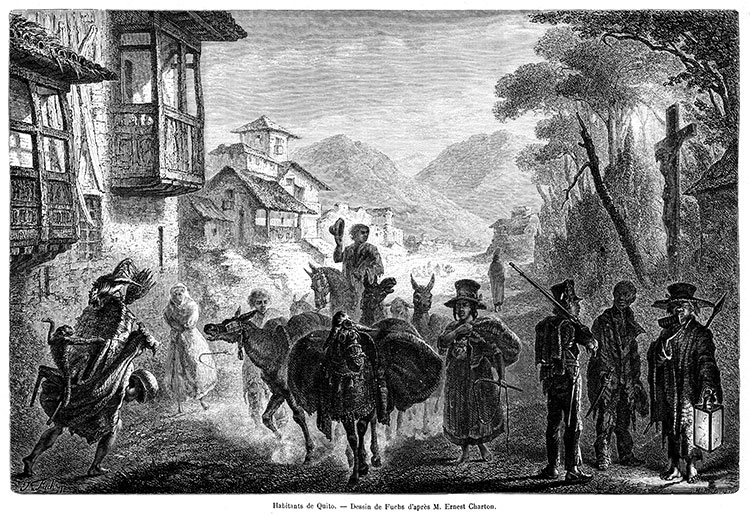 Habitantes de Quito al atardecer, hacia 1860 - grabado reproducido y restaurado digitalmente por © Norbert Pousseur Habitantes de Quito al atardecer, hacia 1860 - grabado reproducido y restaurado digitalmente por © Norbert Pousseur