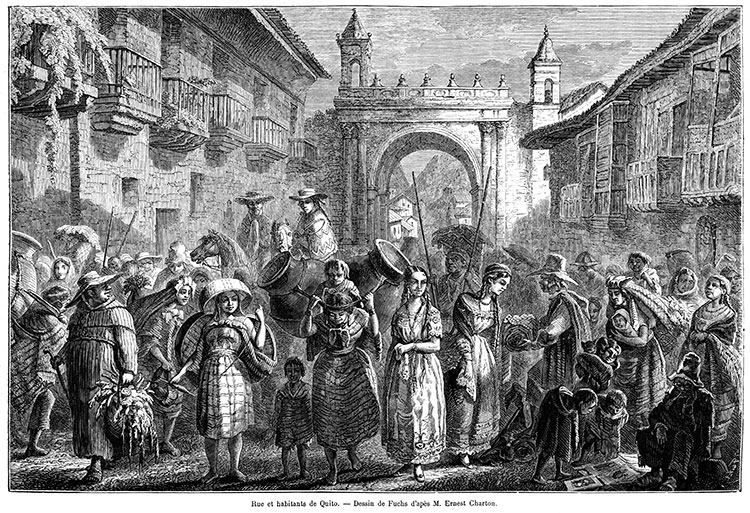 Una calle de Quito con sus habitantes hacia 1860- grabado reproducido y restaurado digitalmente por © Norbert Pousseur Una calle de Quito con sus habitantes hacia 1860- grabado reproducido y restaurado digitalmente por © Norbert Pousseur