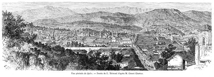 Vista general de Quito hacia 1860 - grabado reproducido y restaurado digitalmente por © Norbert Pousseur Vista general de Quito hacia 1860 - grabado reproducido y restaurado digitalmente por © Norbert Pousseur