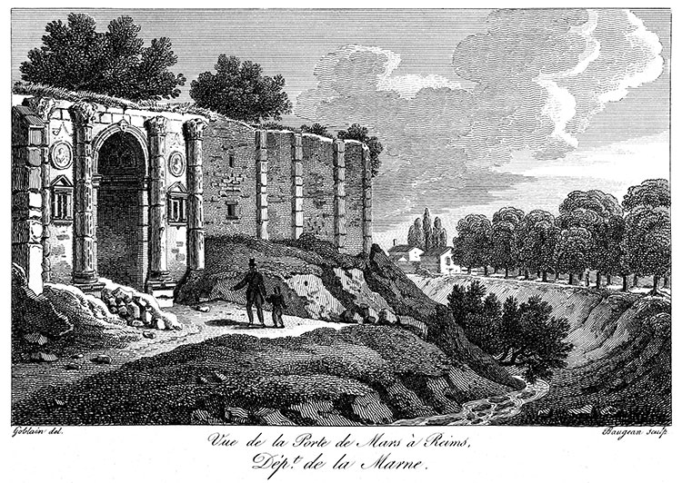 La porte de Mars de Reims et son Arc de triomphe, vers 1820,- gravure reproduite et restaurée numériquement par © Norbert Pousseur