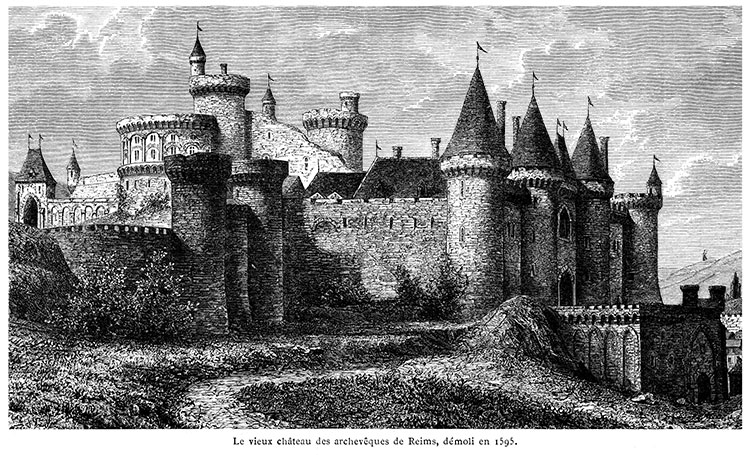 Le vieux château des archevêques de Reims, avant 1595 - gravure reproduite et restaurée numériquement par © Norbert Pousseur
