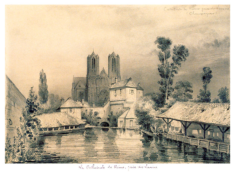 La cathédrale de Reims, vue des lavoirs, vers 1840 - gravure conservée et numérisée par la © BNF,restaurée numériquement par © Norbert Pousseur