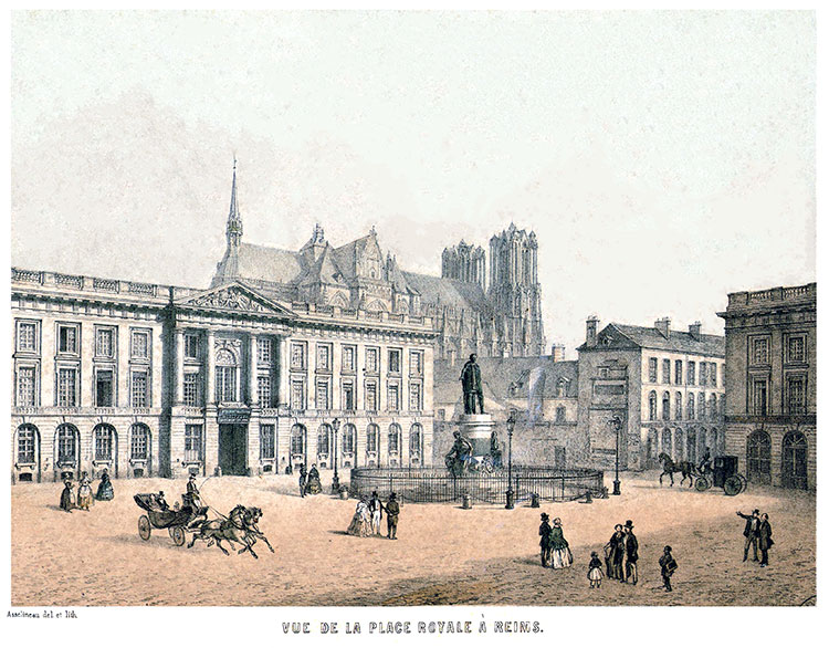 La place Royale de Reims vers 1850 - gravure conservée et numérisée par la © BNF,restaurée numériquement par © Norbert Pousseur