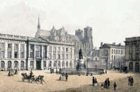 Zoom sur La place Royale de Reims vers 1850 - gravure conservée et numérisée par la © BNF,restaurée numériquement par © Norbert Pousseur