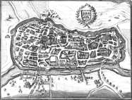 Zoom sur Plan aérien de Reims vers 1720 - gravure conservée et numérisée par la © BNF,restaurée numériquement par © Norbert Pousseur