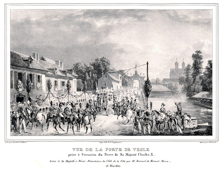 La porte de Vesle de Reims en 1825 - gravure conservée et numérisée par la © BNF,restaurée numériquement par © Norbert Pousseurgravure reproduite et restaurée numériquement par © Norbert Pousseur
