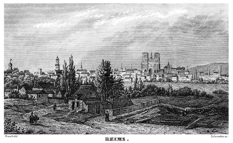 Reims depuis une de ses routes d'accès, vers 1835 - gravure reproduite et restaurée numériquement par © Norbert Pousseur